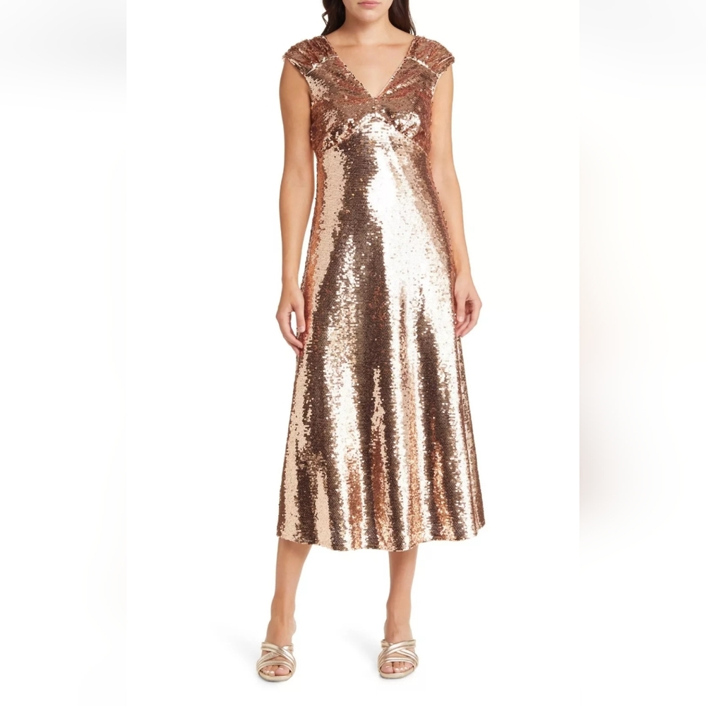 Adelyn Rae Konnie Sequin Midi Dress in Liquid Gold